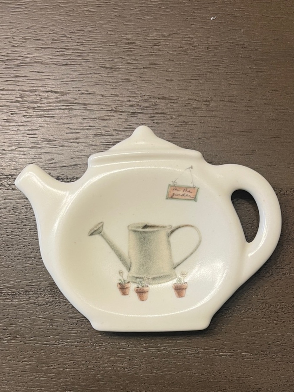 Pfaltzgraff White Ceramic Teapot Spoon Rest/Teabag Holder w/ Watering Can Motif